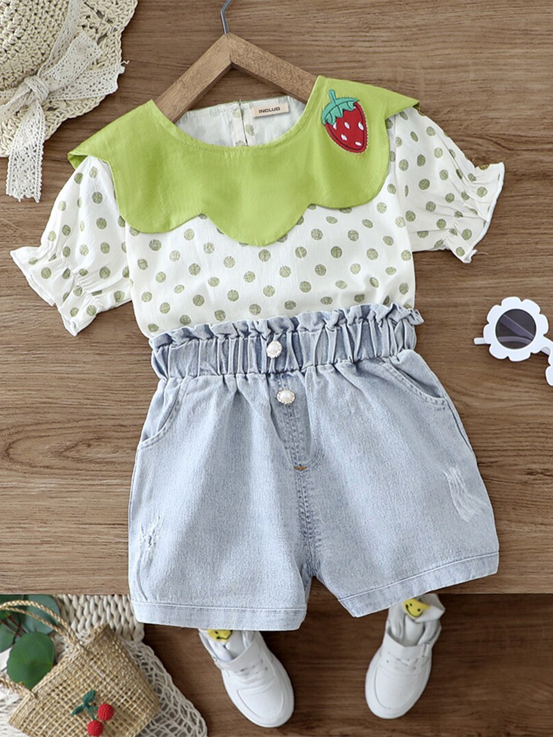 

INCLUD Girls Polka Dot Printed Top with Denim Shorts, Green