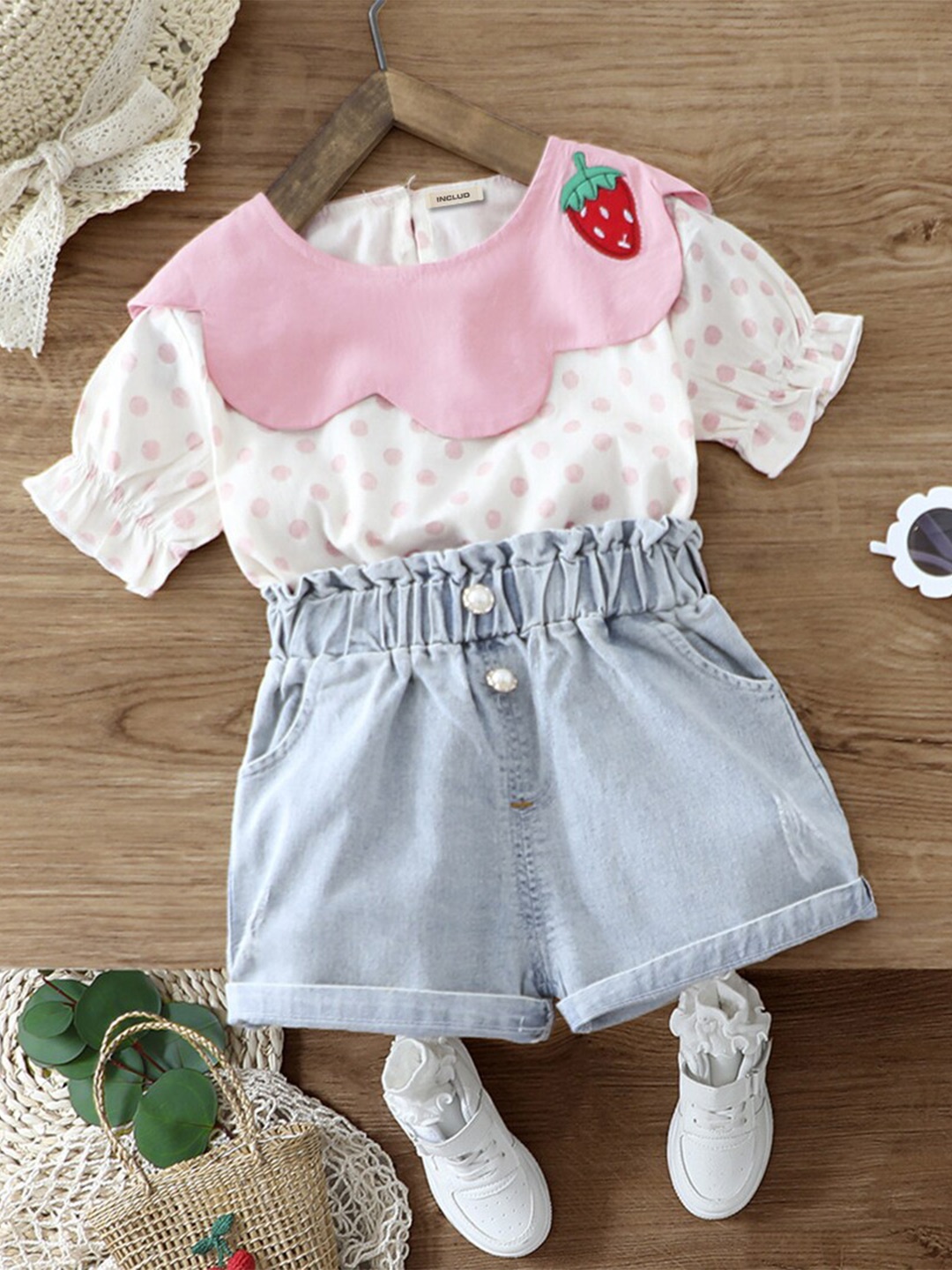 

INCLUD Girls Polka Dot Printed Top with Denim Shorts, Pink