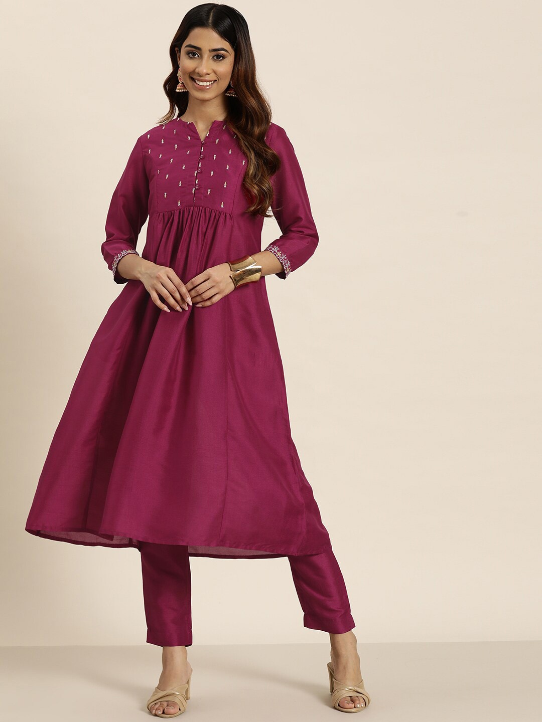 

HERE&NOW Ethnic Motifs Yoke Design A-Line Kurta, Magenta