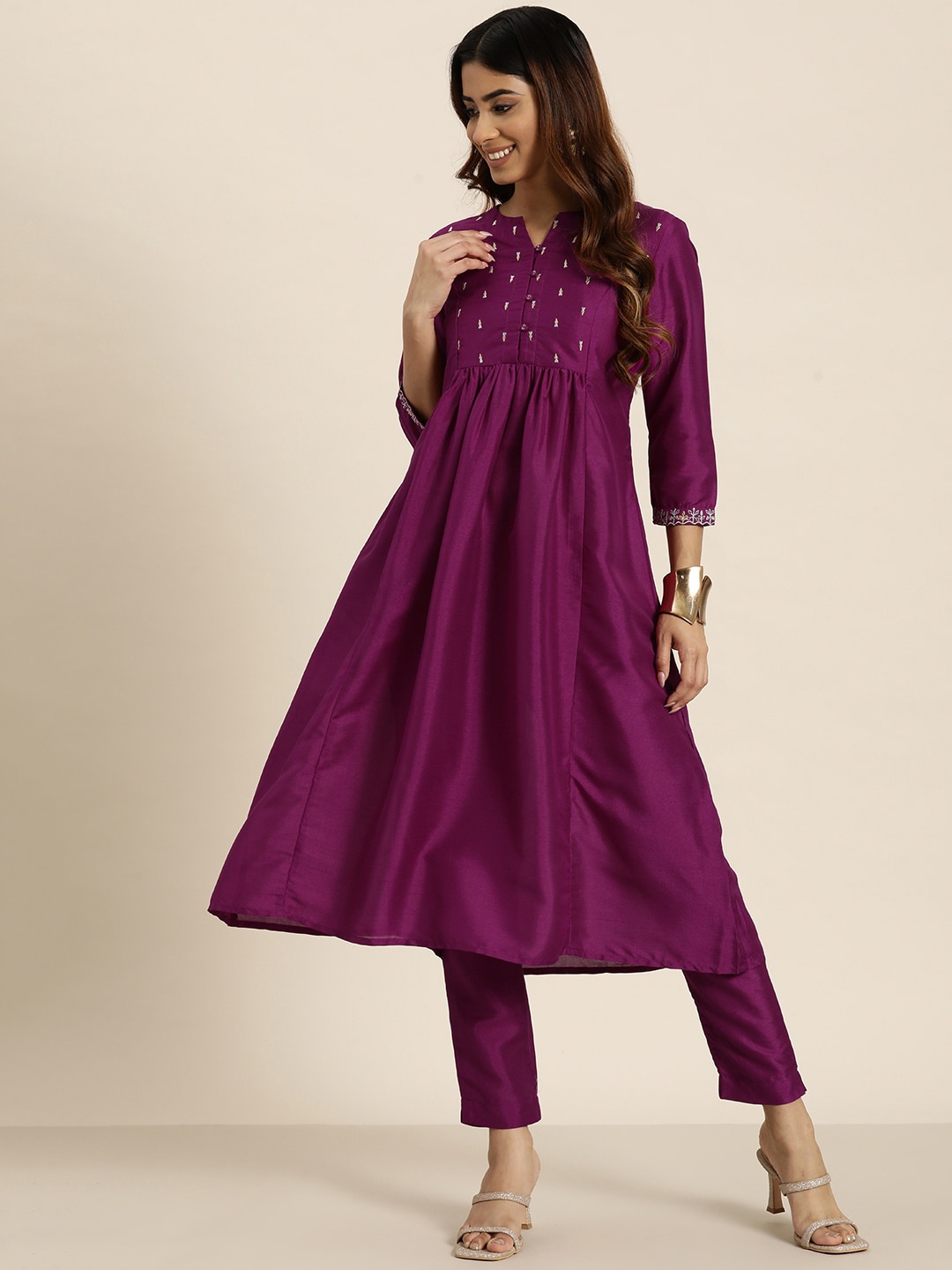 

HERE&NOW Ethnic Motifs Yoke Design A-Line Kurta, Purple