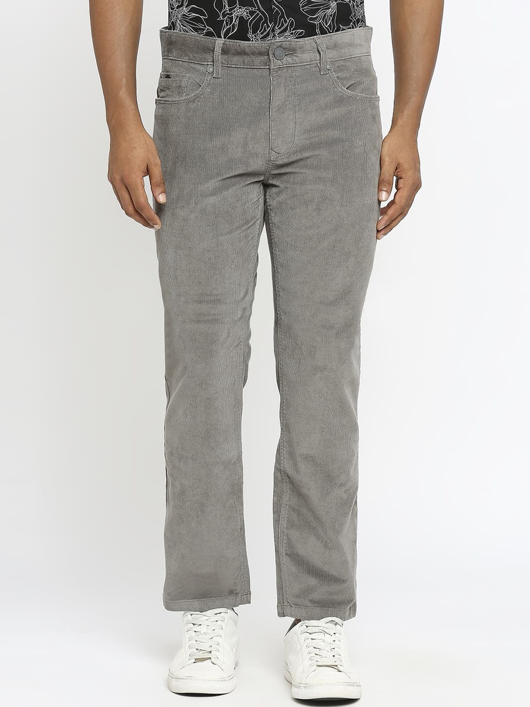 

Basics Men Tapered Fit Mid-Rise Corduroy Cotton Trousers, Grey