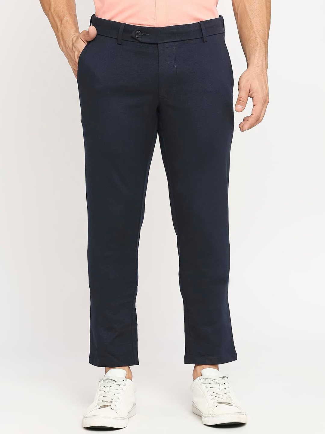 

Basics Men Tapered Fit Dobby Weave Cotton Chinos Trousers, Navy blue