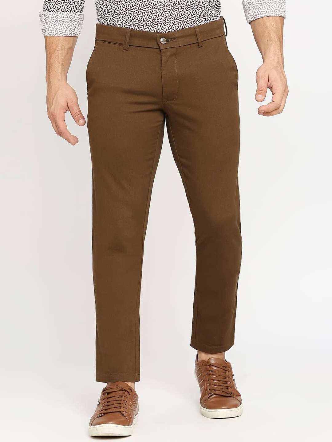 

Basics Men Tapered Fit Dobby Weave Cotton Chinos Trousers, Brown