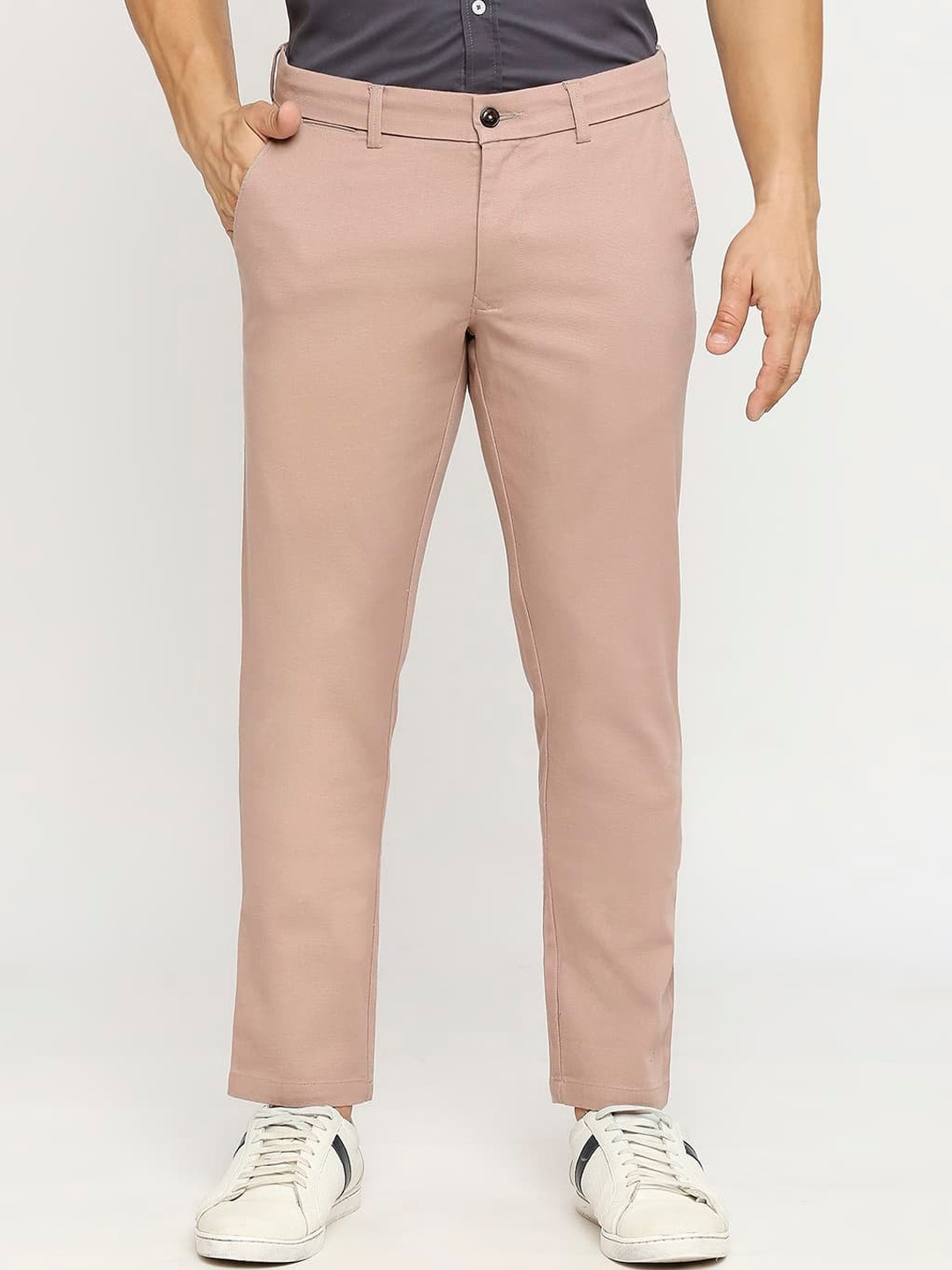 

Basics Men Tapered Fit Dobby Weave Cotton Chinos Trousers, Peach