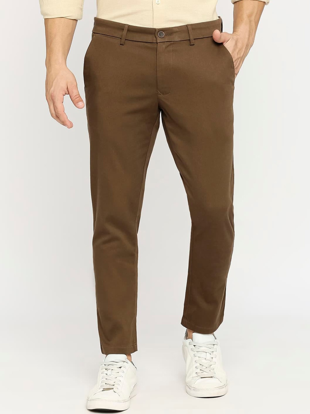 

Basics Men Tapered Fit Mid-Rise Cotton Trousers, Brown