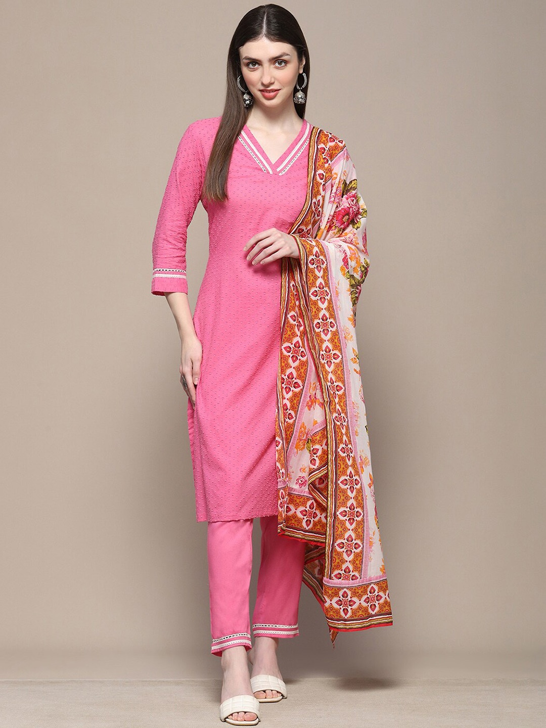 

Biba Abstract Printed V-Neck Pure Cotton Kurta With Palazzos & Dupatta, Pink