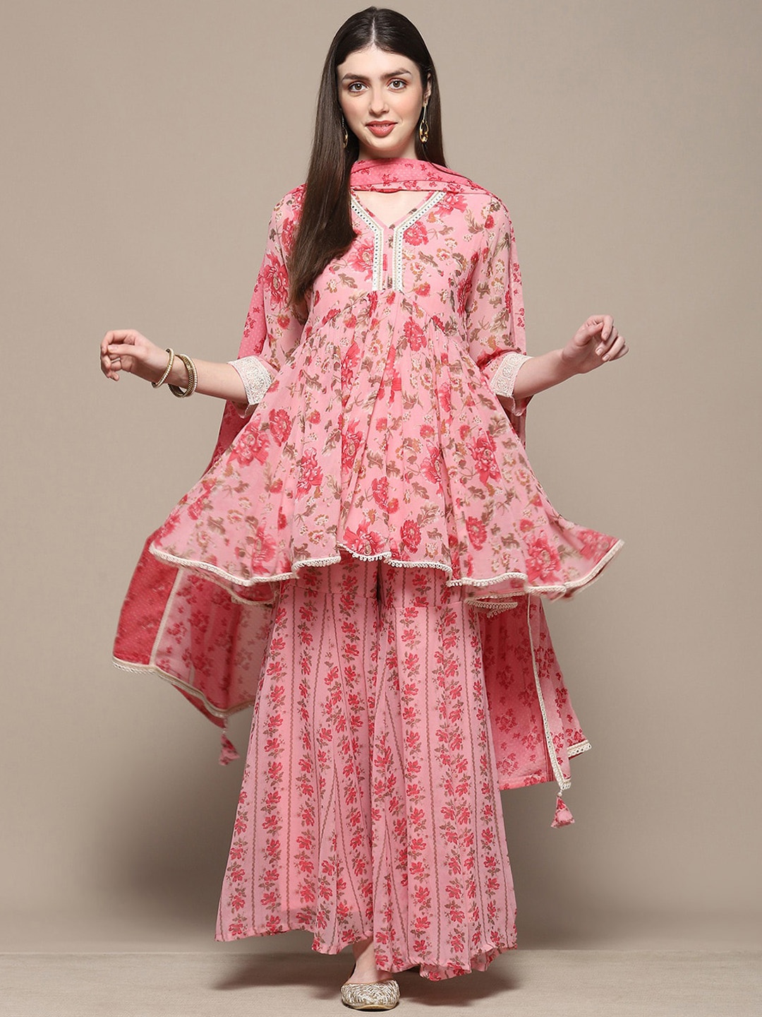 

Biba Floral Printed A-Line Kurta & Sharara With Dupatta, Pink