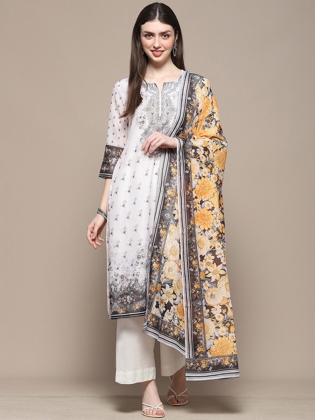 

Biba Ethnic Motifs Printed Straight Kurta & Palazzo With Dupatta, Off white