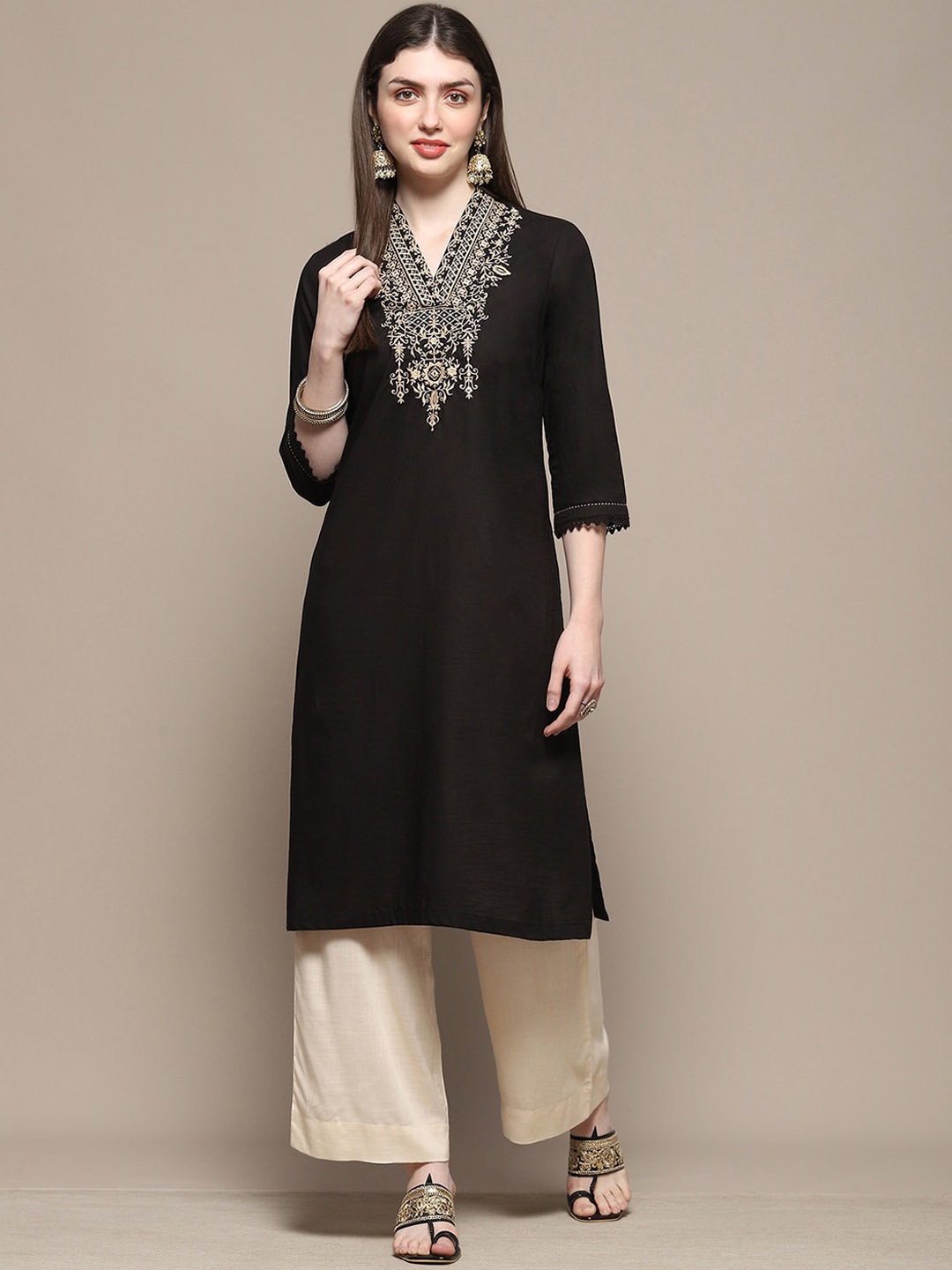 

Biba Ethnic Motifs Embroidered Mirror Work Pure Cotton Straight Kurta, Black