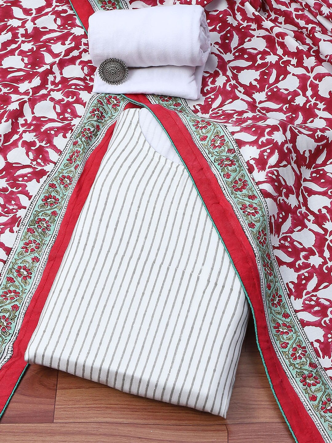 

Biba Striped Unstitched Dress Material, White