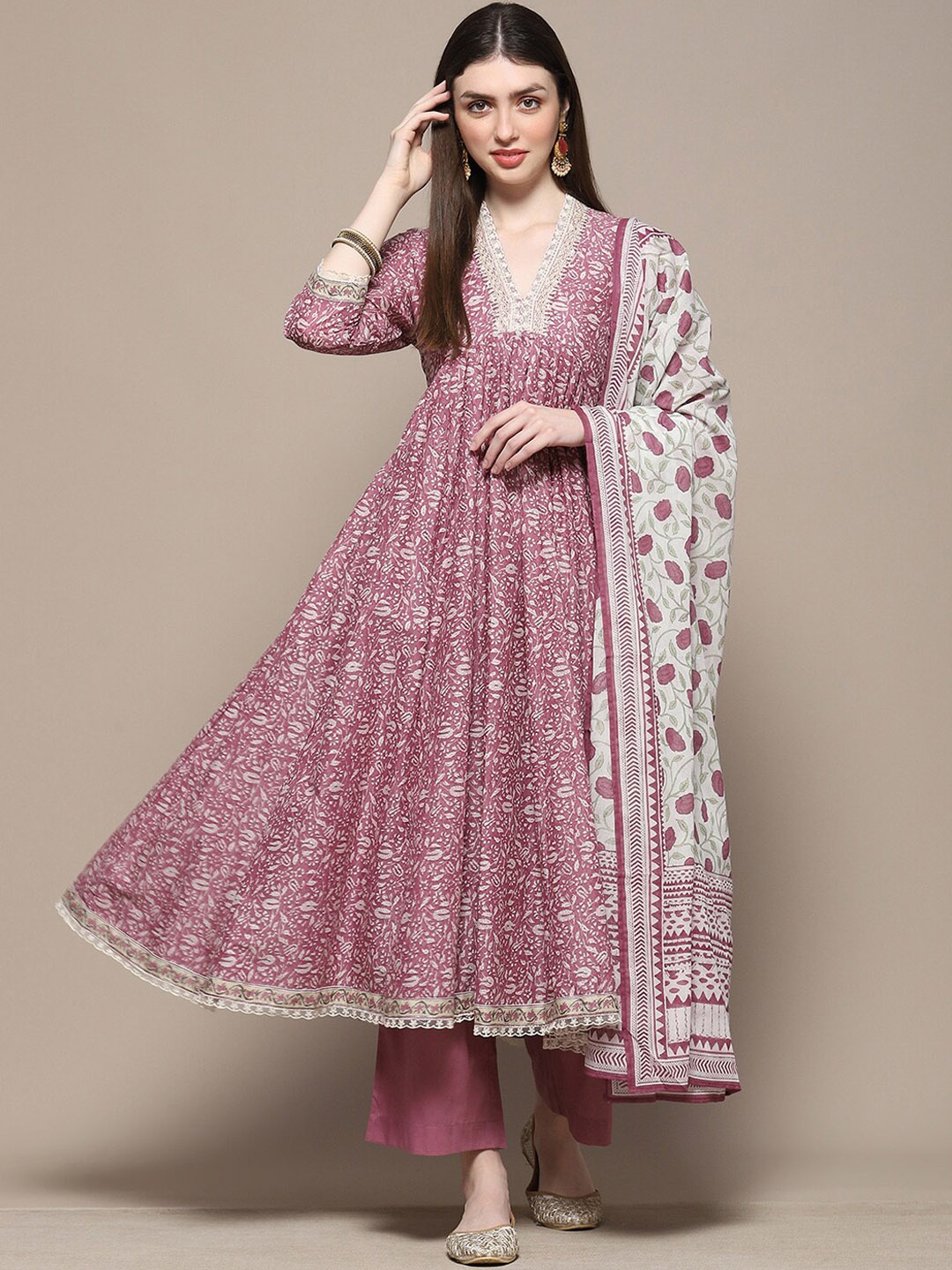 

Biba Floral Printed Zari Work Pure Cotton V-Neck Anarkali Kurta With Palazzos & Dupatta, Pink