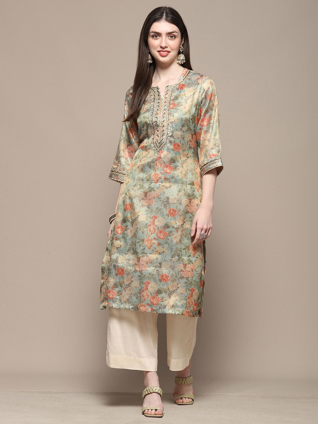 

Biba Floral Printed Sequinned Straight Kurta, Turquoise blue