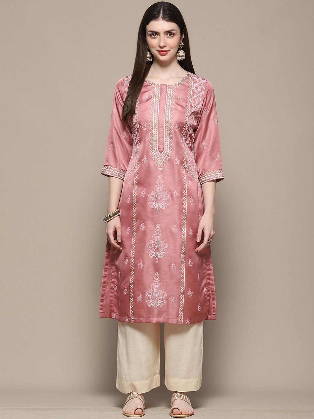 

Biba Ethnic Motifs Printed Sequinned Straight Kurta, Blue