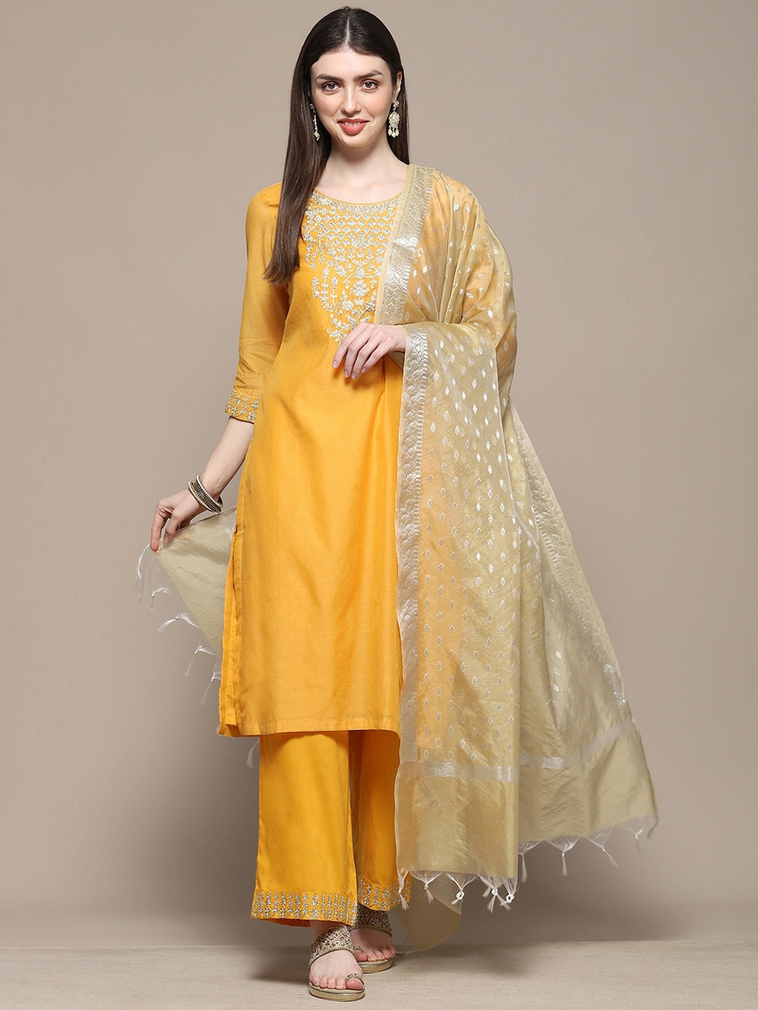 

Biba Ethnic Motifs Yoke Design Regular Thread Work Kurta with Palazzos & Dupatta, Mustard