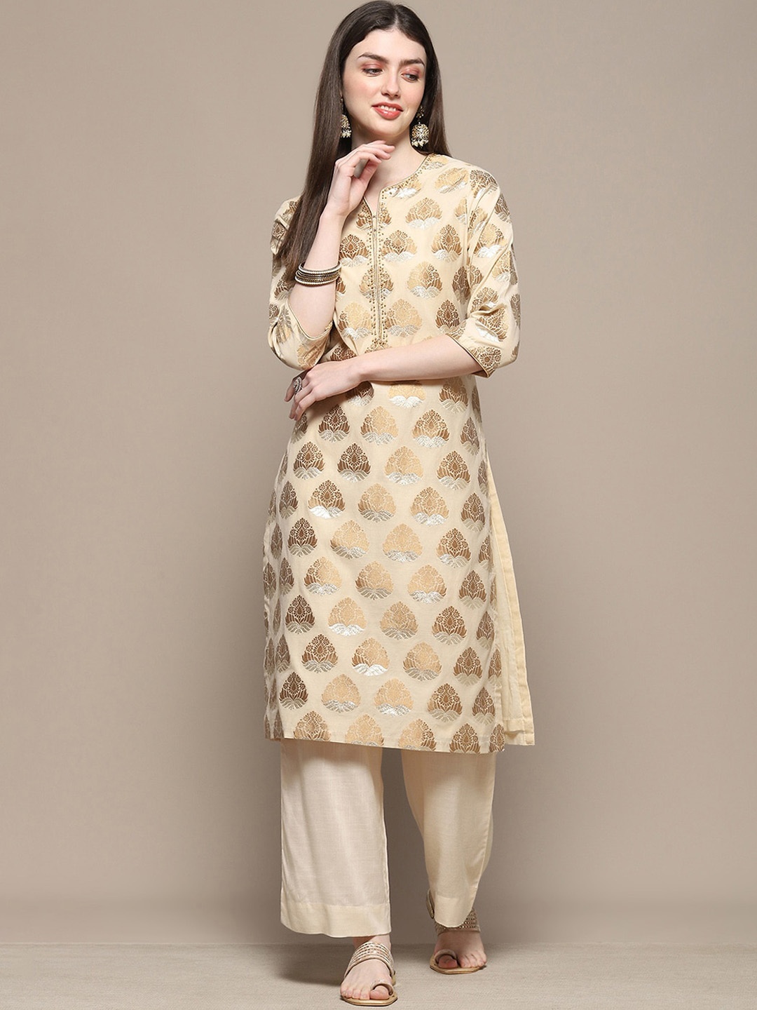 

Biba Ethnic Motifs Woven Design Beaded Straight Kurta, Off white