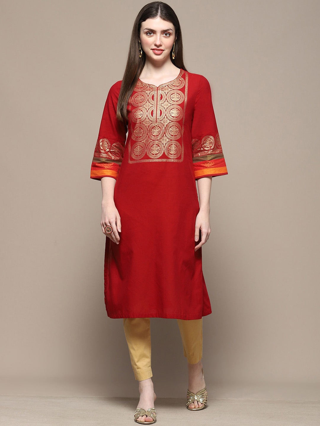 

Biba Ethnic Motifs Yoke Design Thread Work Pure Cotton Straight Kurta, Red