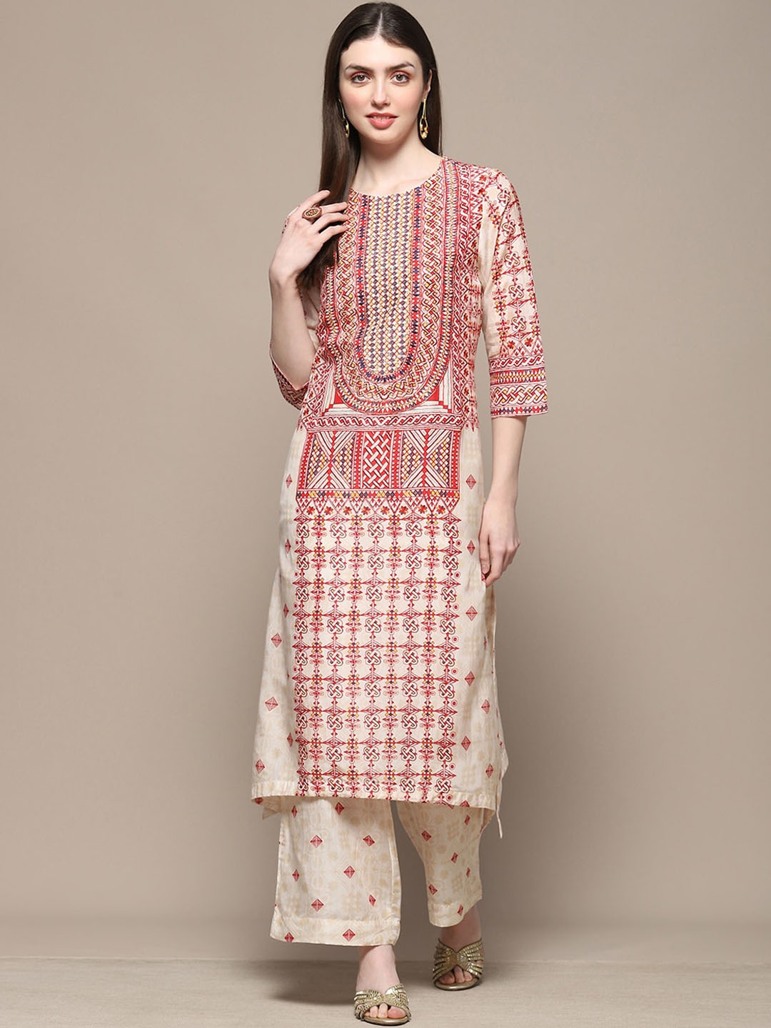 Biba Floral Printed Thread Work Straight Kurta With Palazzos, Beige