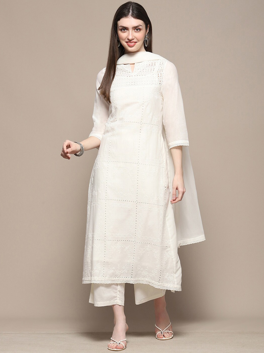 

Biba Ethnic Motifs Embroidered Straight Pure Cotton Kurta with Palazzos & Dupatta, Off white