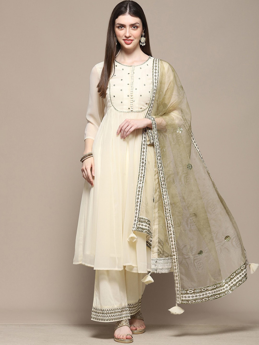 

Biba Geometric Yoke Design Mirror Work Detailed Anarkali Kurta & Palazzo With Dupatta, Off white