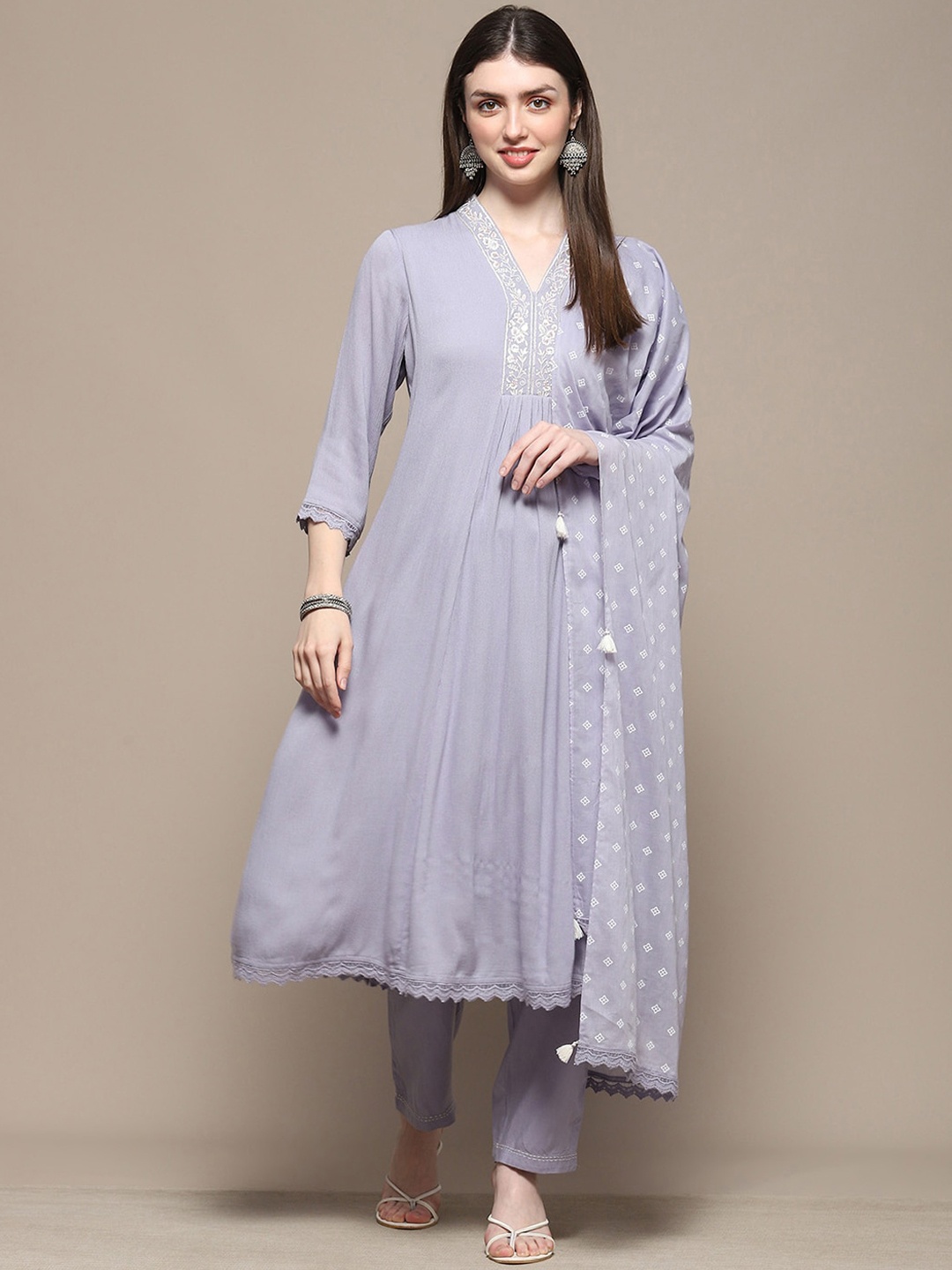 

Biba Floral Embroidered Thread Work V-Neck Anarkali Kurta With Trousers & Dupatta, Blue