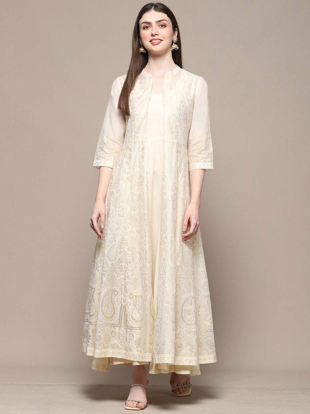 

Biba Ethnic Motifs Printed Mandarin Collar A-Line Maxi Ethnic Dress With Slip, White