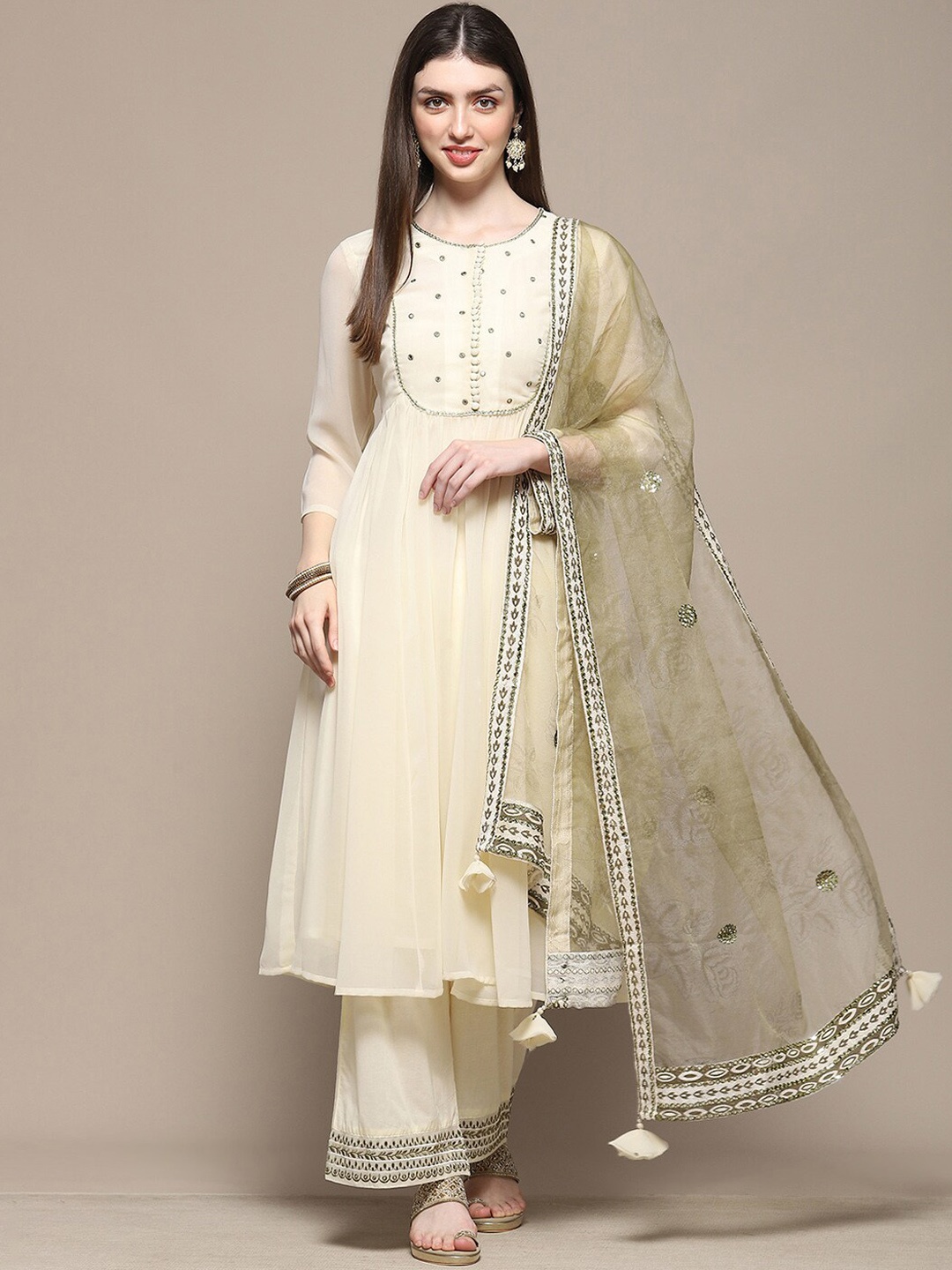 

Biba Floral Embroidered Mirror Work Anarkali Kurta with Palazzo & Dupatta, Off white