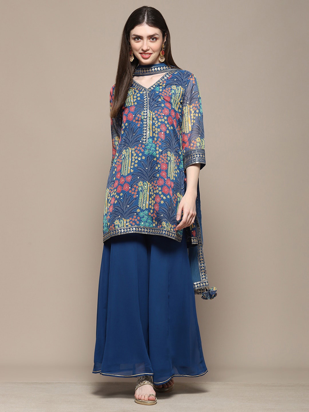 

Biba Floral Printed Regular Thread Work Kurta with Sharara & Dupatta, Blue