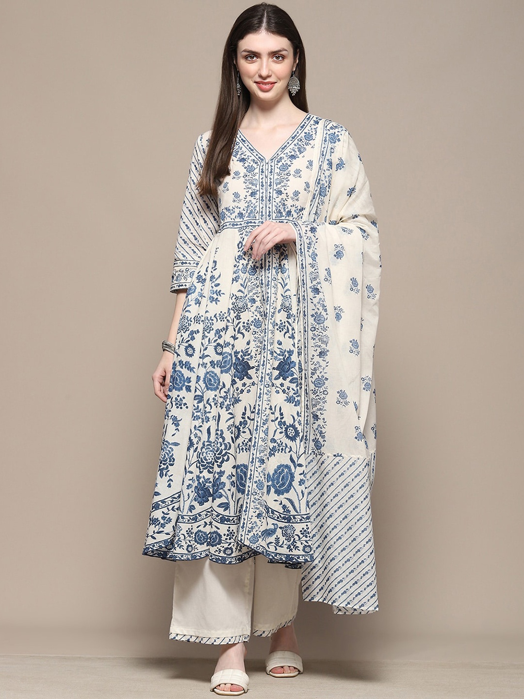 

Biba Floral Printed Regular Pure Cotton Kurta with Palazzos & Dupatta, Off white