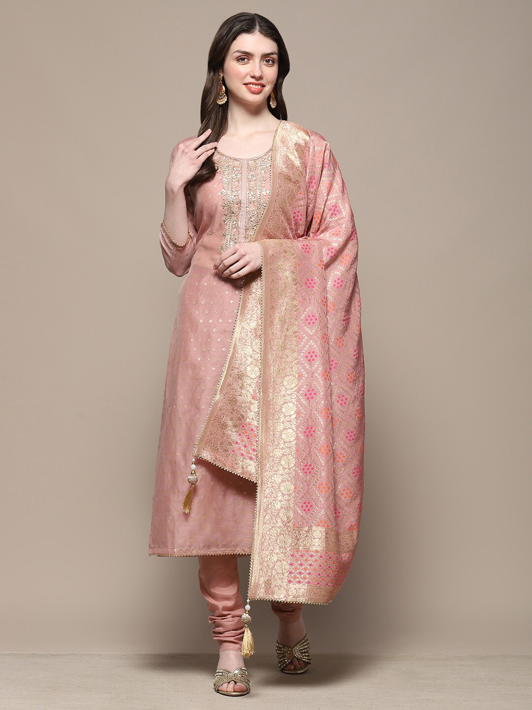 

Biba Ethnic Motifs Woven Designed Beads & Stones Unstitched Dress Material, Pink