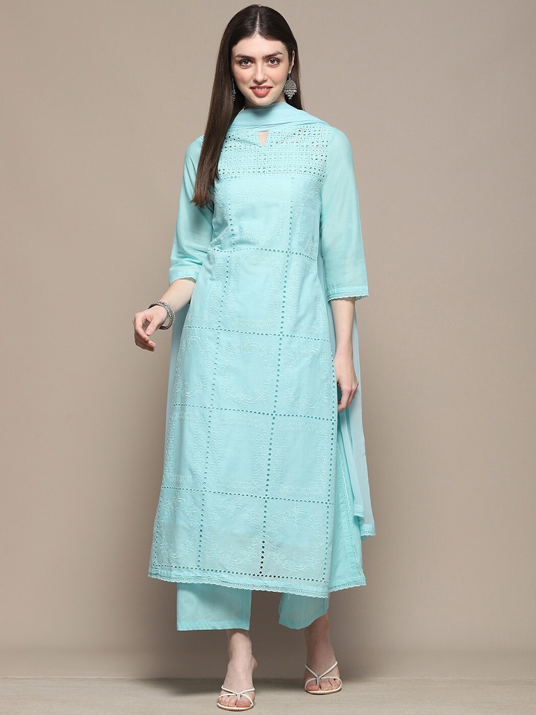 

Biba Ethnic Motifs Embroidered Regular Pure Cotton Kurta with Palazzos & Dupatta, Blue