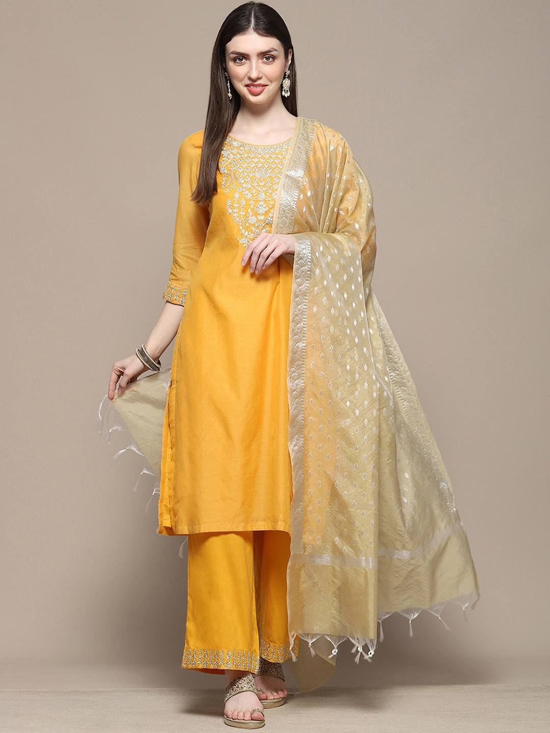 

Biba Floral Yoke Design Thread Work Kurta with Palazzo & Dupatta, Mustard