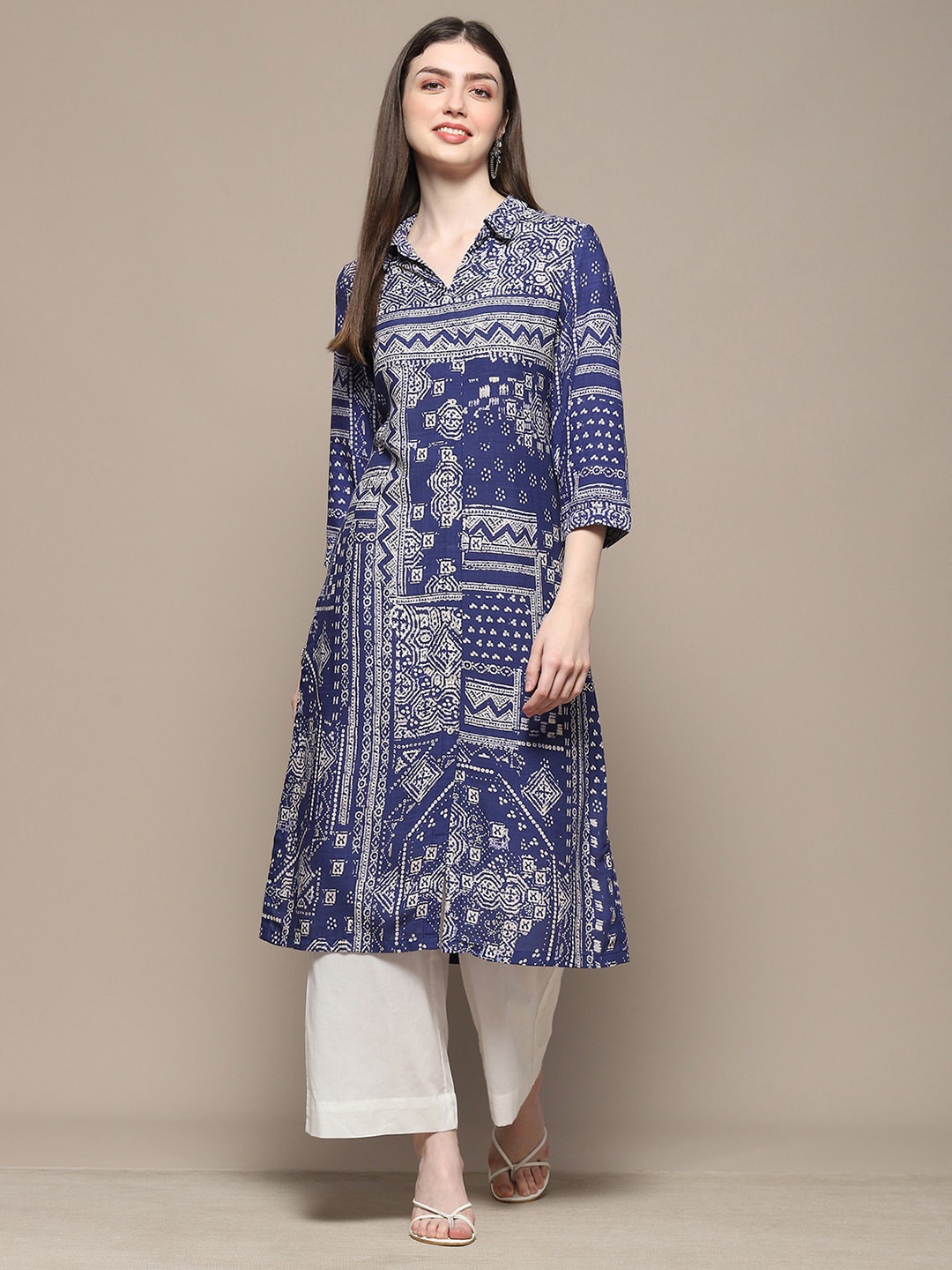 

Biba Women Ethnic Motifs Printed Shirt Collar Straight Kurta, Blue