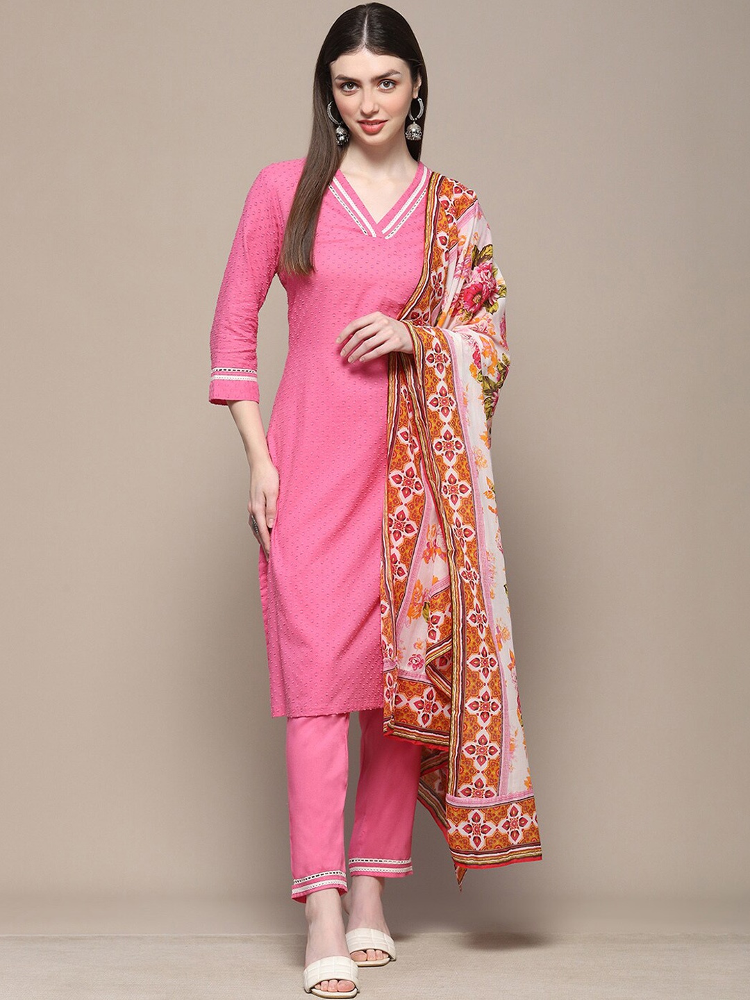 

Biba Woven Design V-Neck Pure Cotton Kurta with Trousers & Dupatta, Pink