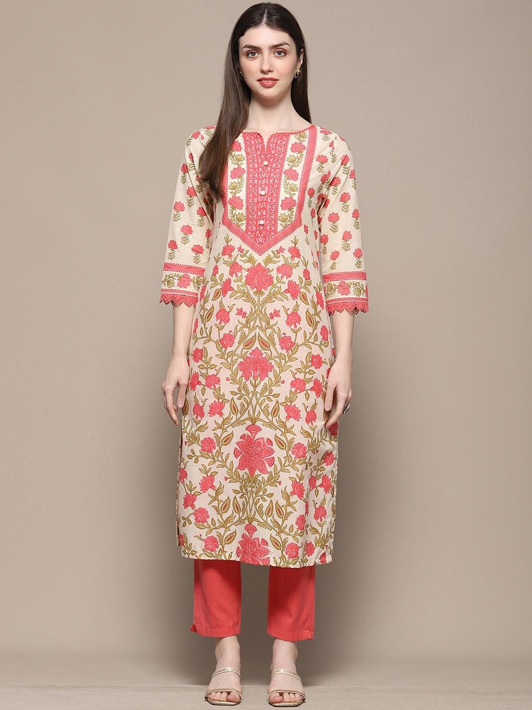 

Biba Floral Printed Pure Cotton Sequined Lace Straight Kurta, Pink