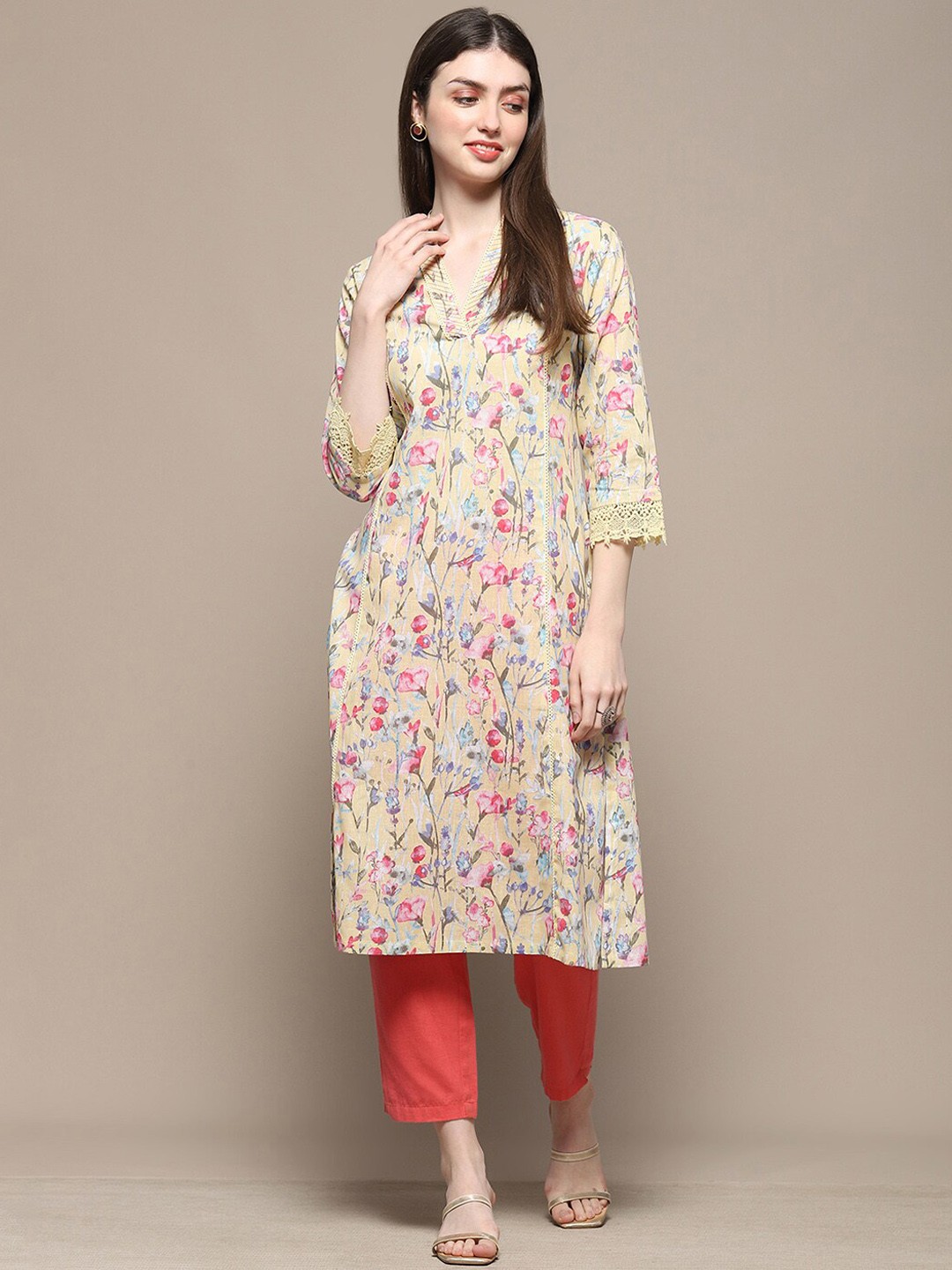

Biba Floral Printed Pure Cotton Lace Straight Kurta, Beige