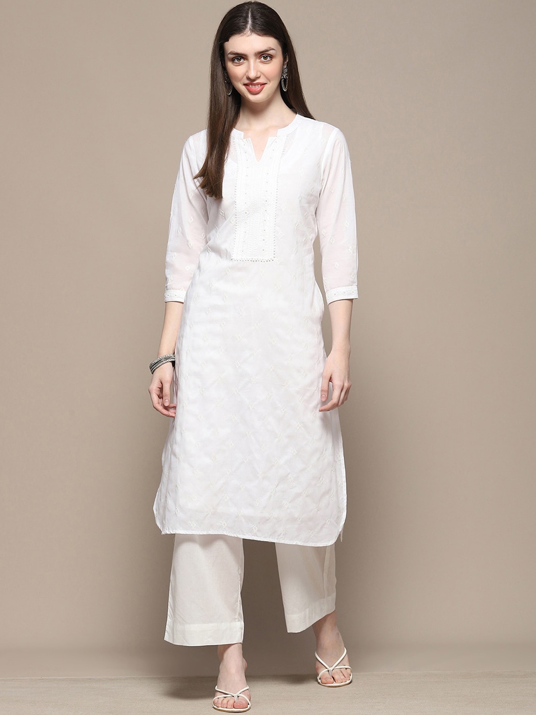 

Biba Ethnic Motifs Embroidered Straight Kurta, White