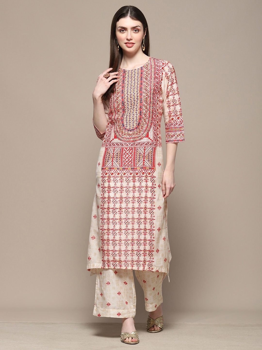 

Biba Ethnic Motifs Printed Thread Work Straight Kurta With Palazzos, Beige