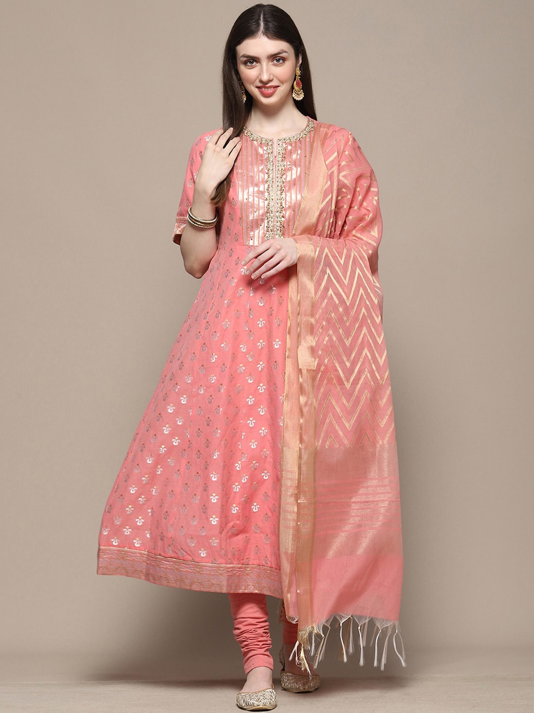 

Biba Ethnic Motifs Beads and Stones Anarkali Kurta With Churidar & Dupatta, Pink