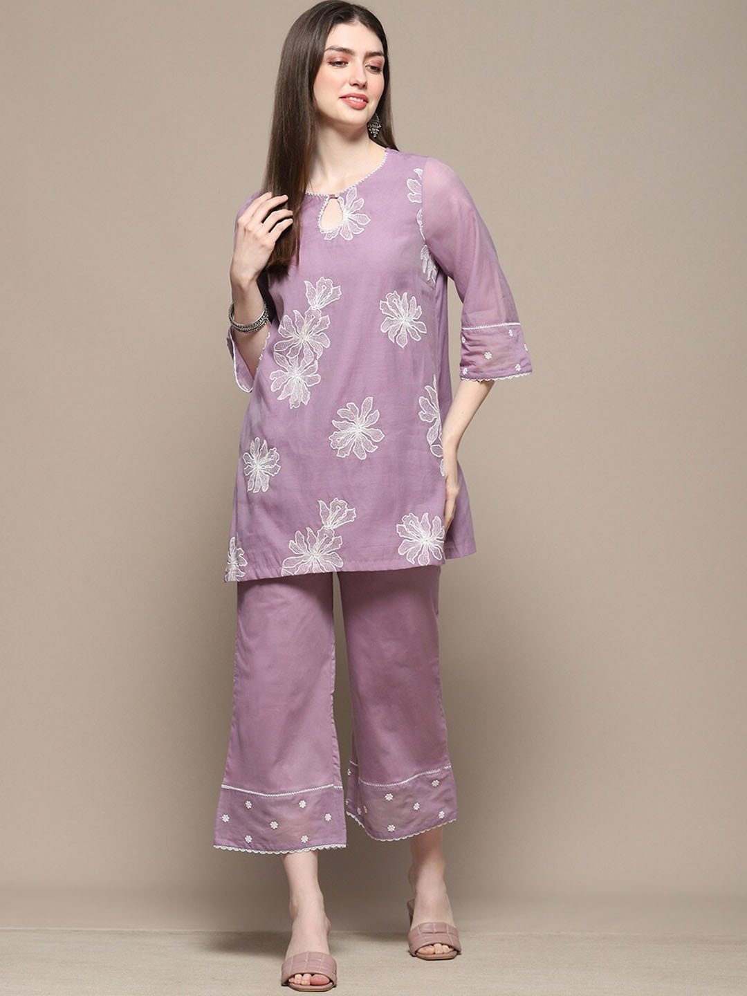

Biba Floral Embroidered Thread Work Straight Kurta With Palazzos, Purple