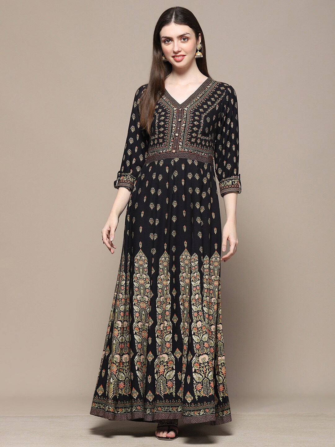

Biba Ethnic Motifs Printed V-Neck Sequinned A-Line Maxi Ethnic Dress, Black