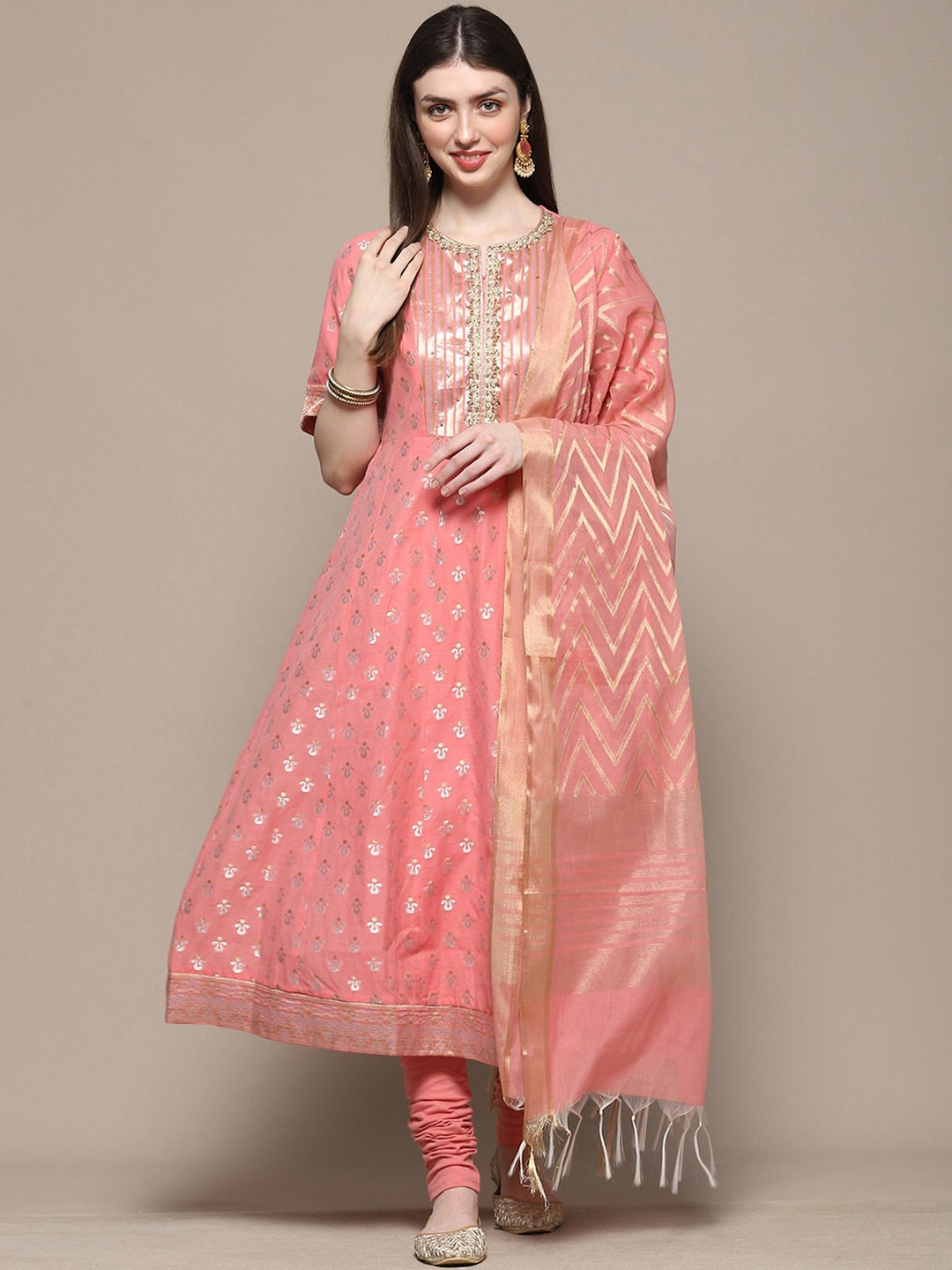 

Biba Ethnic Motifs Woven Design Sequined Kurta with Churidar & Dupatta, Pink