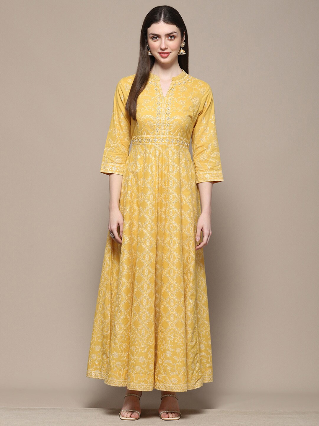 

Biba Ethnic Motifs Printed Mandarin Collar Sequinned Cotton A-Line Maxi Ethnic Dress, Yellow