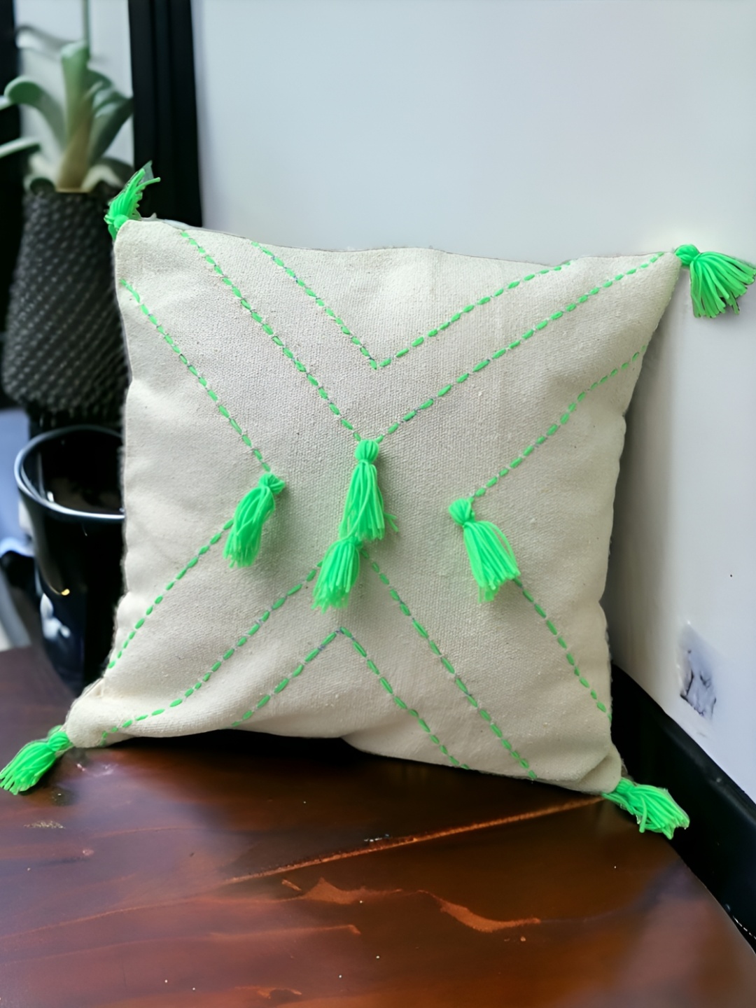 

INTERIORQUOTIENT White & Lime Green Geometric Embroidered Cotton Square Cushion Covers