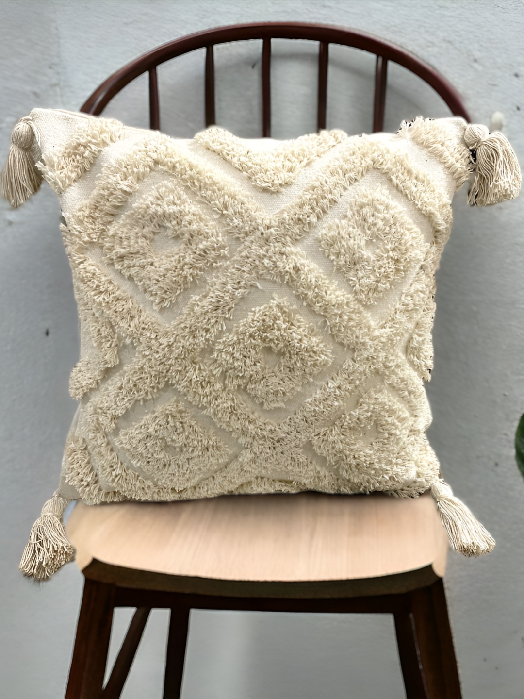 

INTERIORQUOTIENT Off White Geometric Embroidered Cotton Square Cushion Covers
