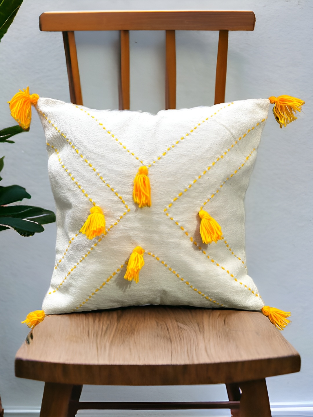 

INTERIORQUOTIENT White & Yellow Geometric Embroidered Cotton Square Cushion Covers