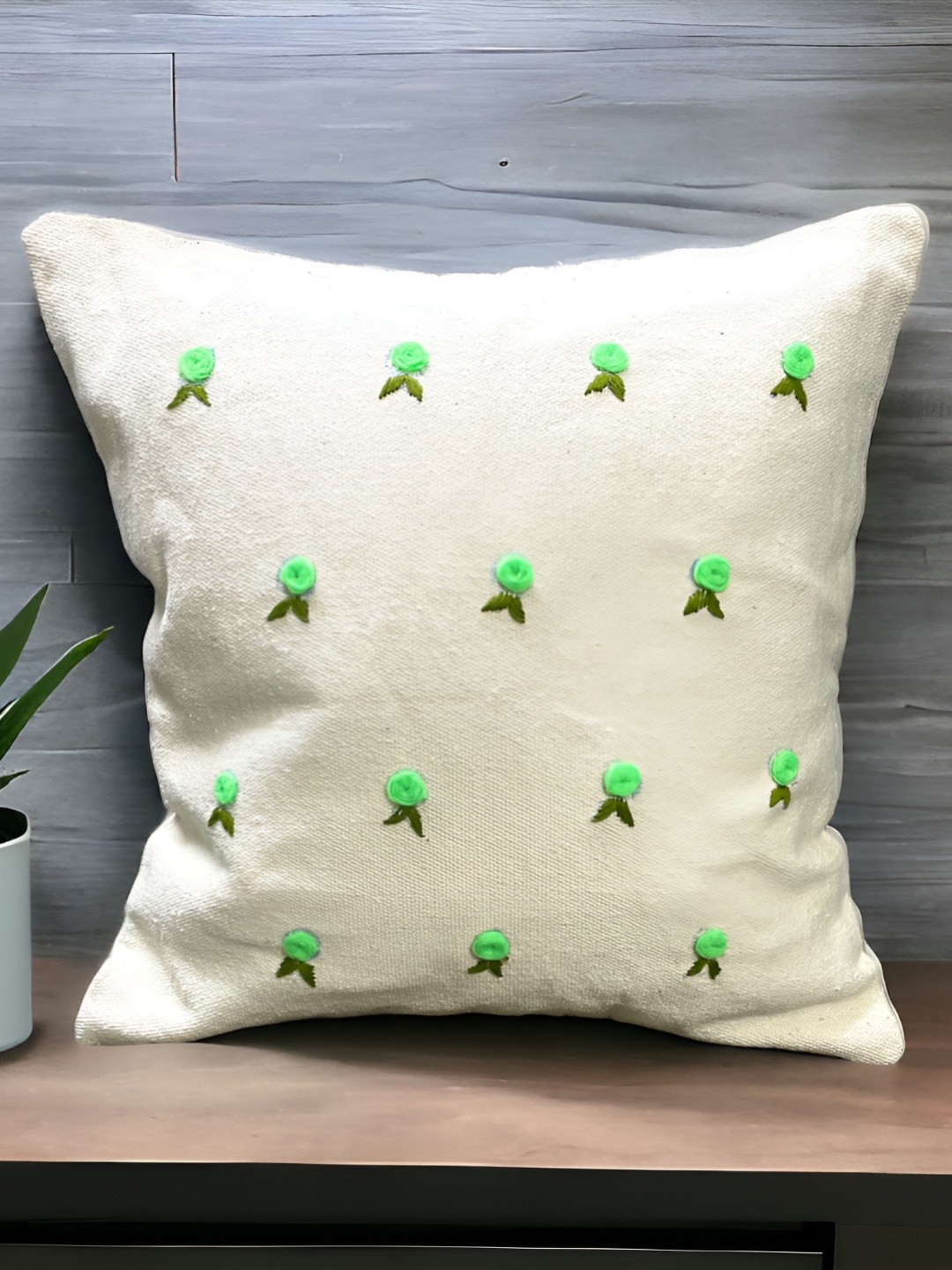 

INTERIORQUOTIENT Lime Green & White Floral Embroidered Cotton Square Cushion Covers