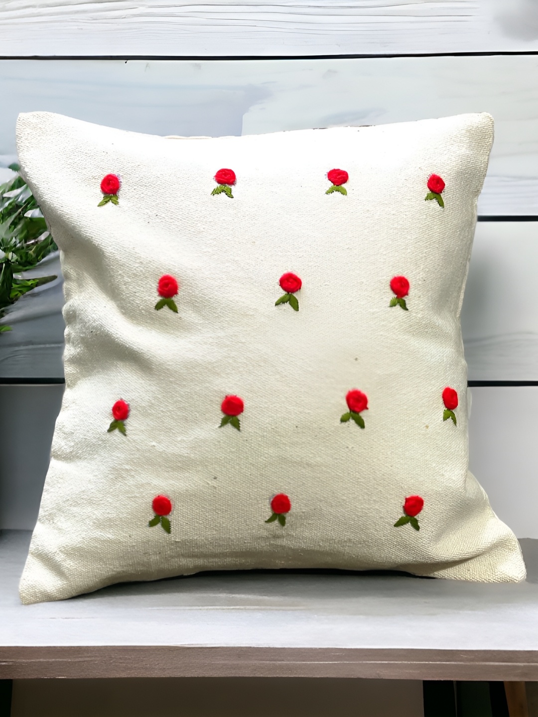 

INTERIORQUOTIENT White & Red Floral Embroidered Cotton Square Cushion Covers