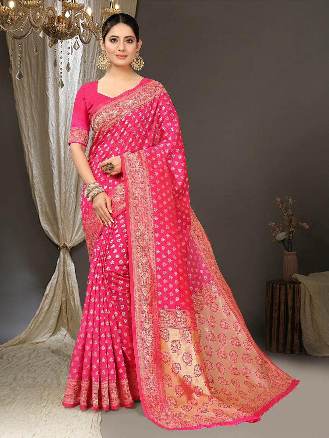 

AVANSHEE Ethnic Motifs Woven Design Zari Jacquard Silk Cotton Banarasi Saree, Pink