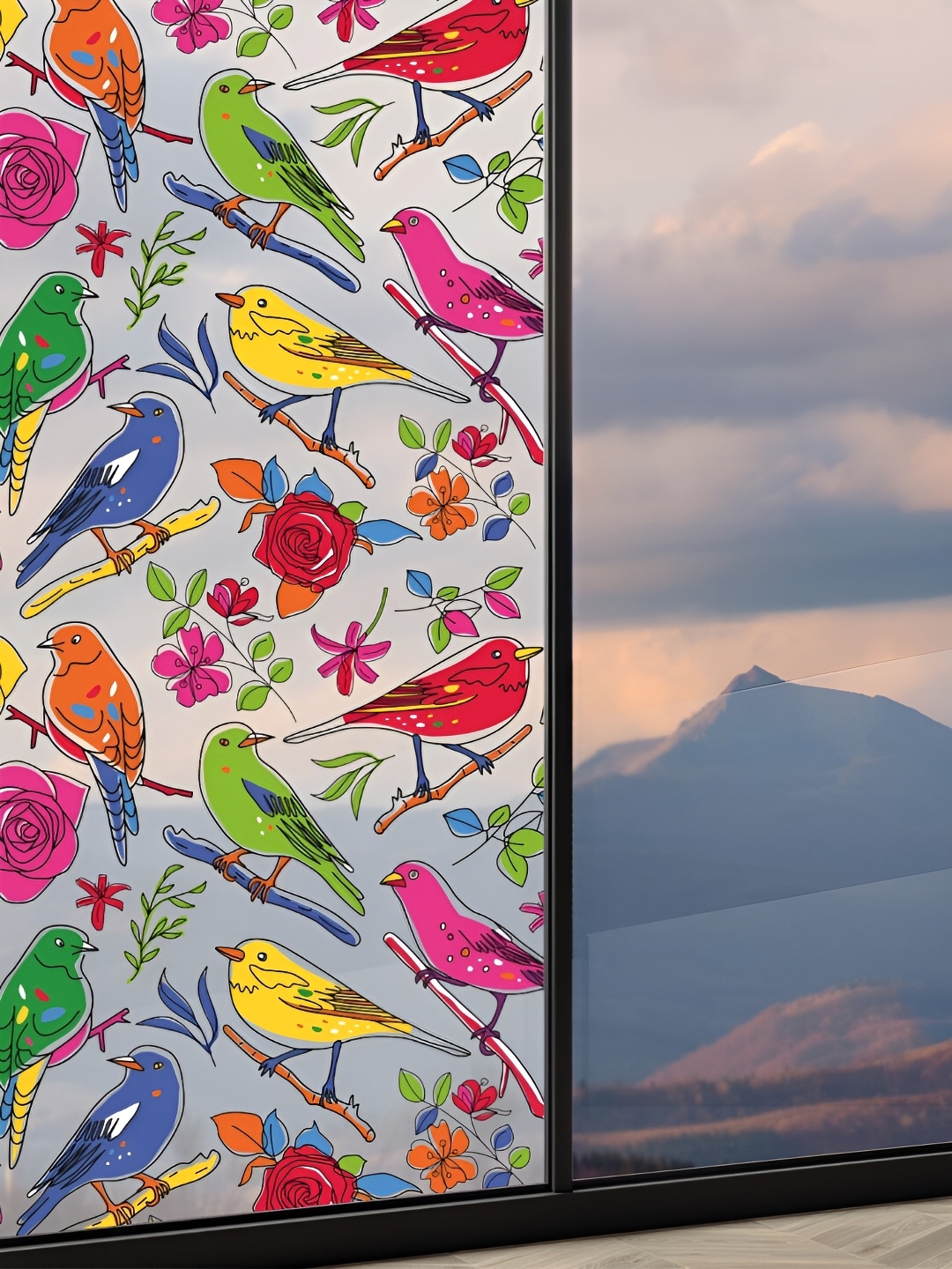 

CVANU Red & Blue Birds Printed Self Adhesive & Waterproof Window Film, Pink