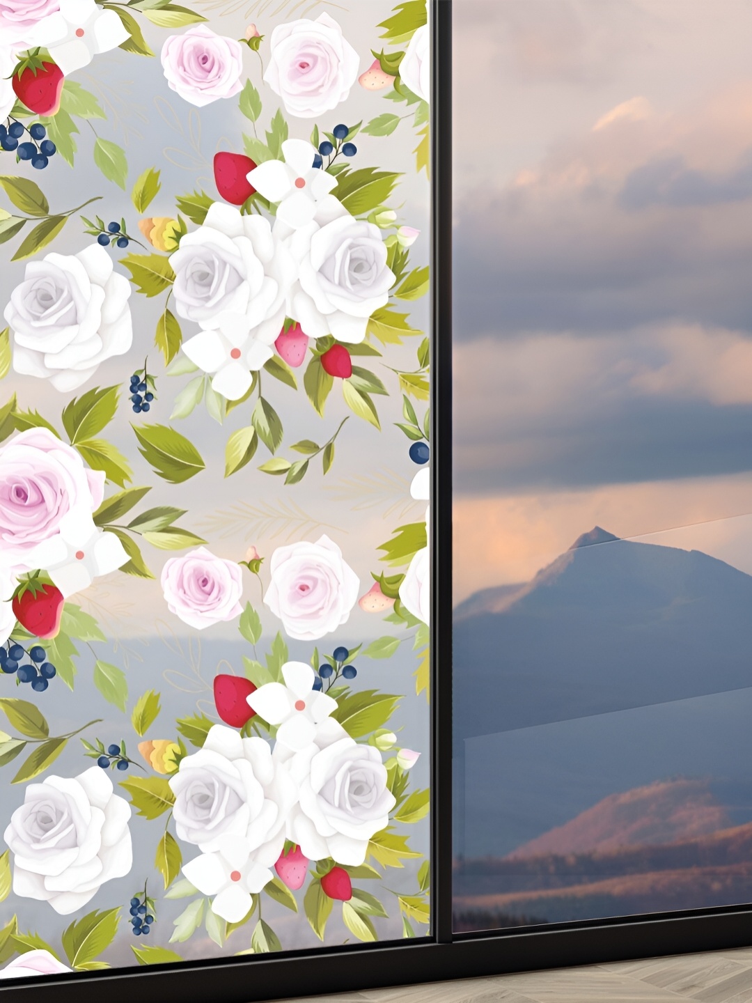 CVANU White & Green Floral Printed Self-Adhesive Window Film Sticker
